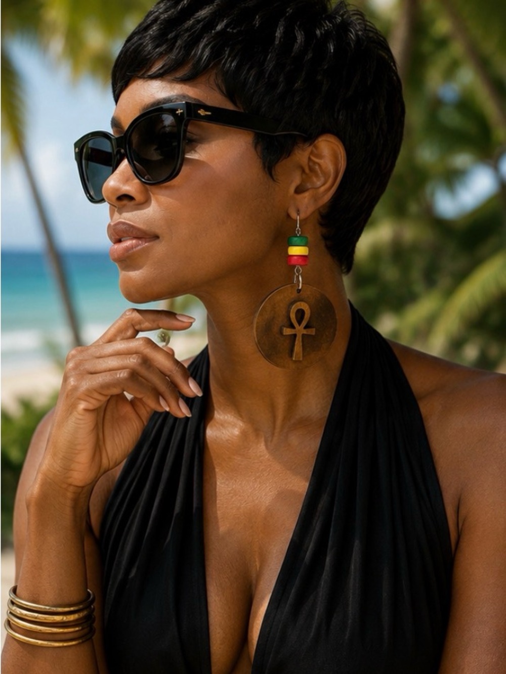 Handcrafted Green Yellow Red and Wood Ankh Drop Earrings - Picture 4 of 8